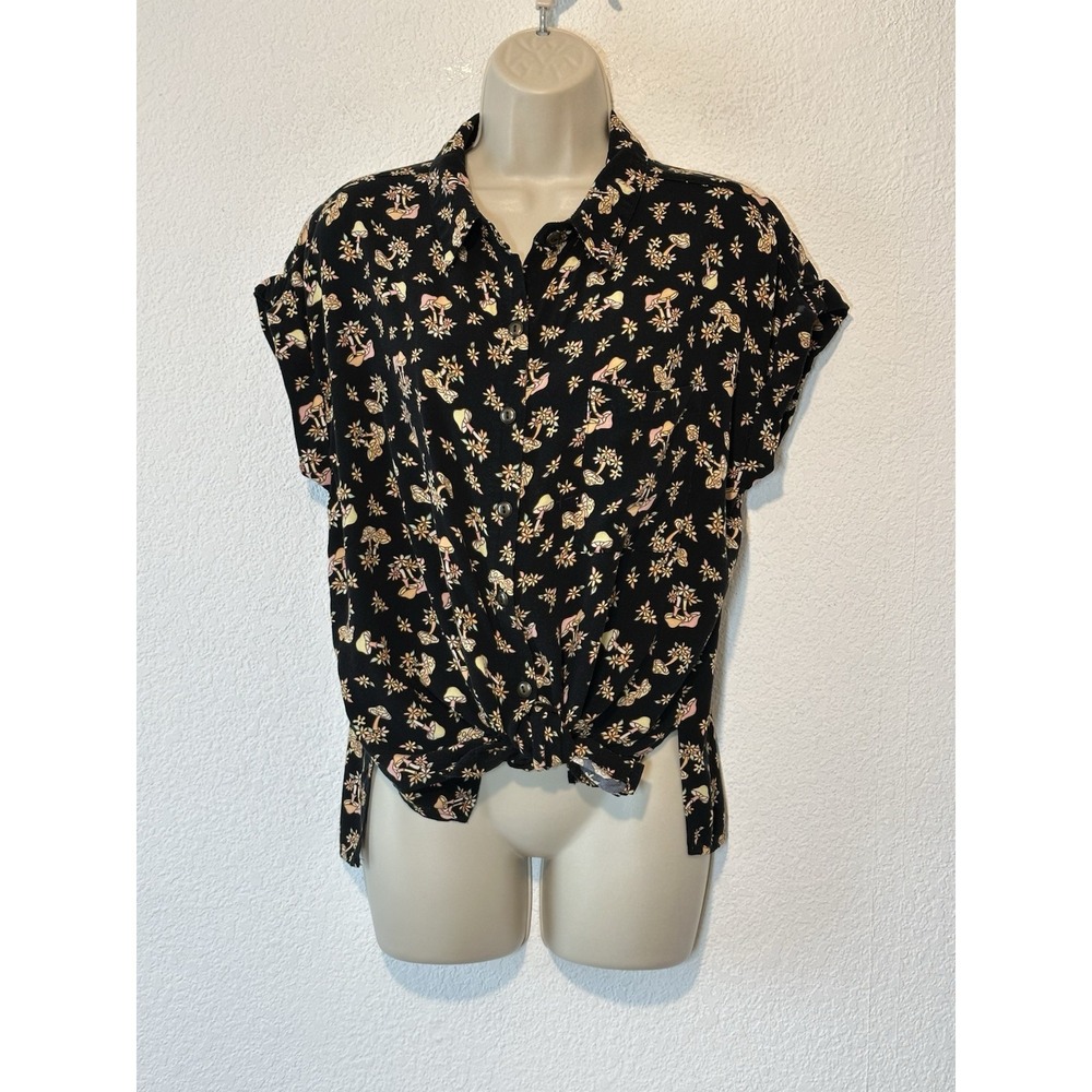 Y2K Mushroom Print Blouse Top Shirt XL 15-17 Button Up Hippie Boho